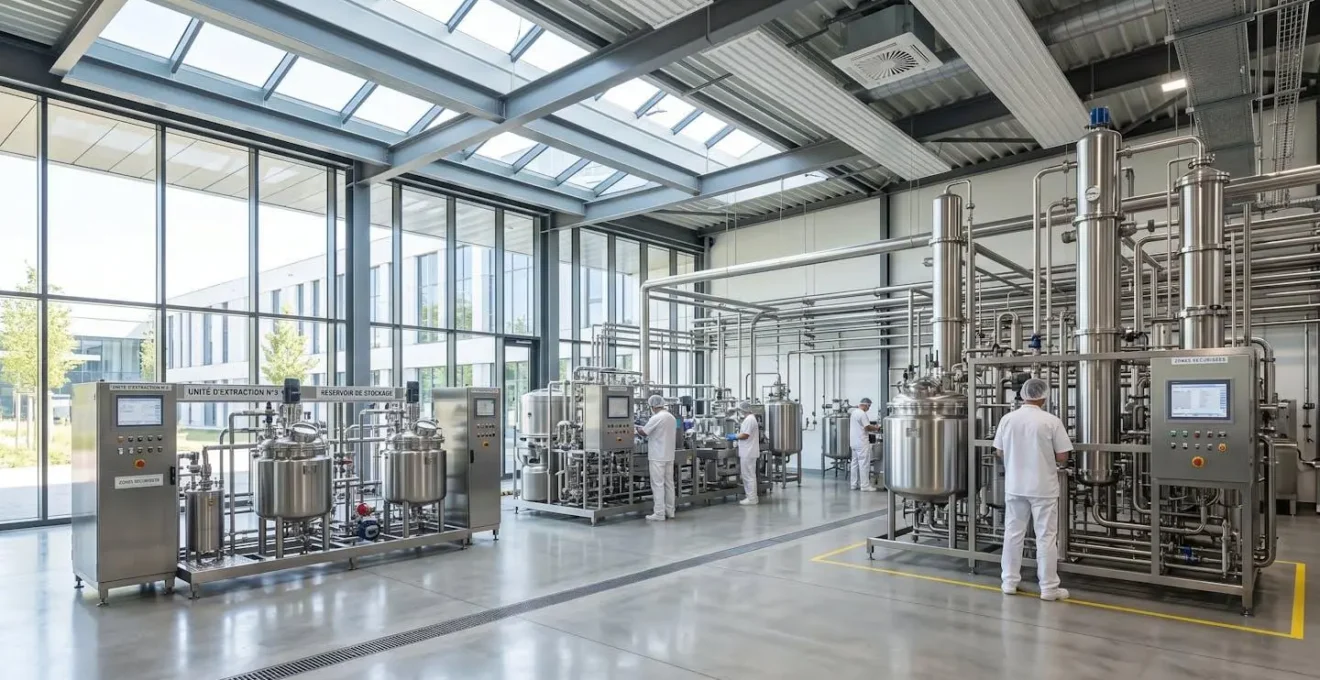 Installation moderne d'extraction de CBD avec équipements en acier inoxydable dans une chambre froide éclairée naturellement