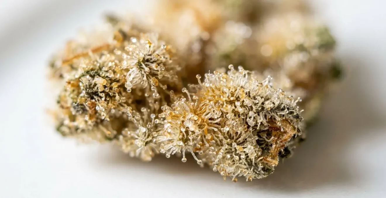 Gros plan macro sur des cristaux de résine CBD avec trichomes givrés et texture granuleuse détaillée