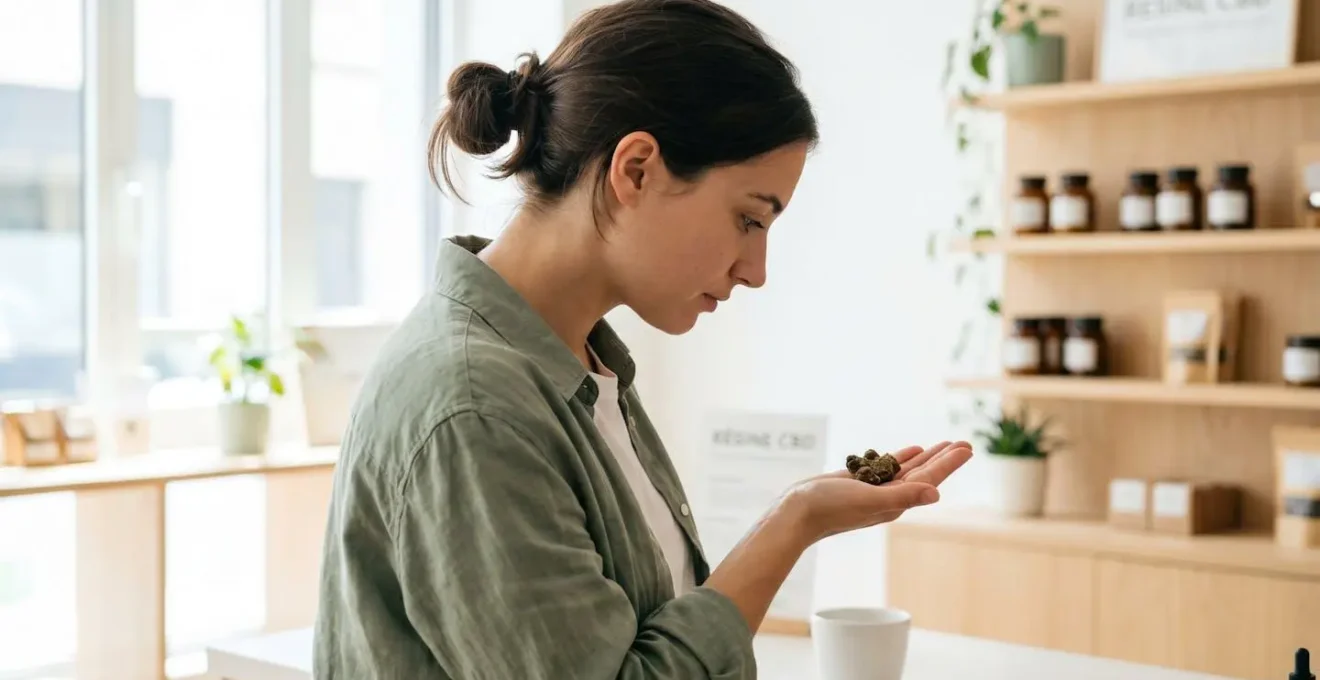Une personne vue de profil examine attentivement une résine CBD tenue dans sa main dans un environnement moderne lumineux