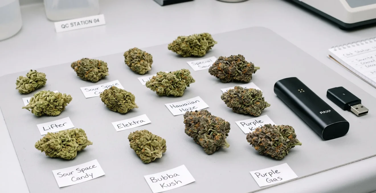 Plusieurs fleurs de CBD de qualités différentes disposées aux côtés d'un vaporisateur moderne sur une surface blanche épurée