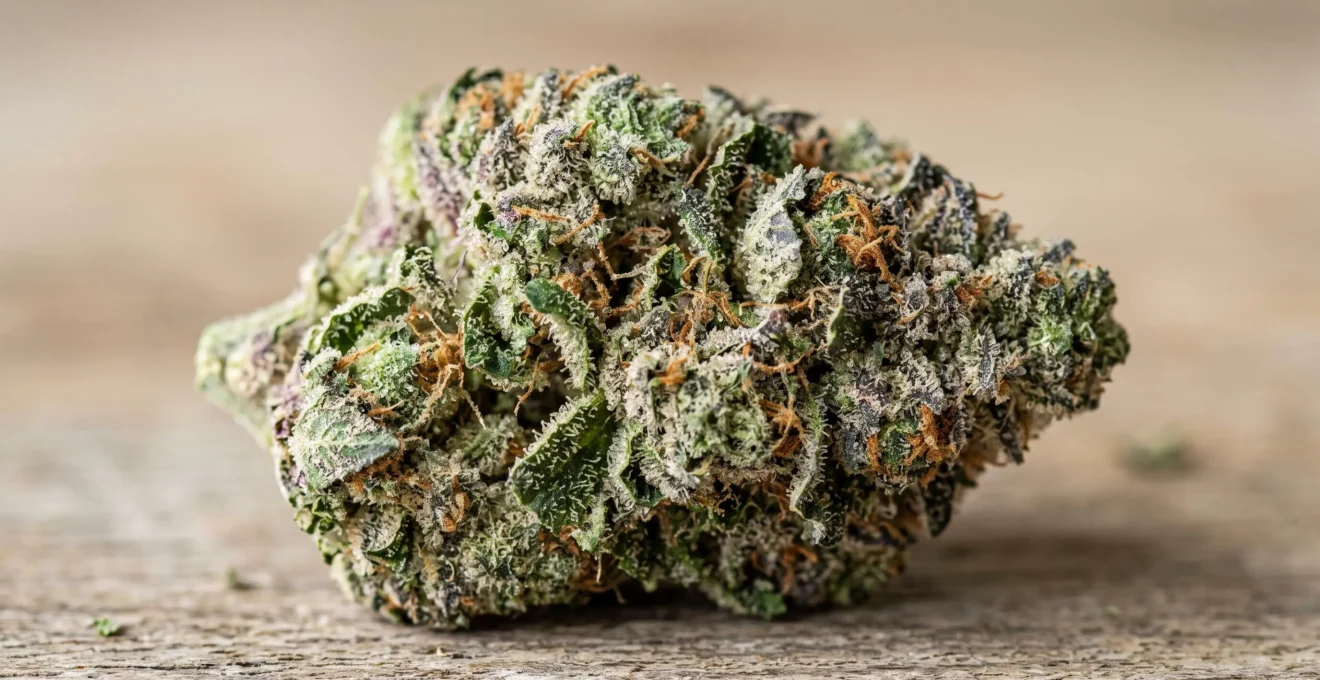 Gros plan macro d'une fleur de CBD montrant des trichomes cristallins denses sur un bourgeon vert et violet