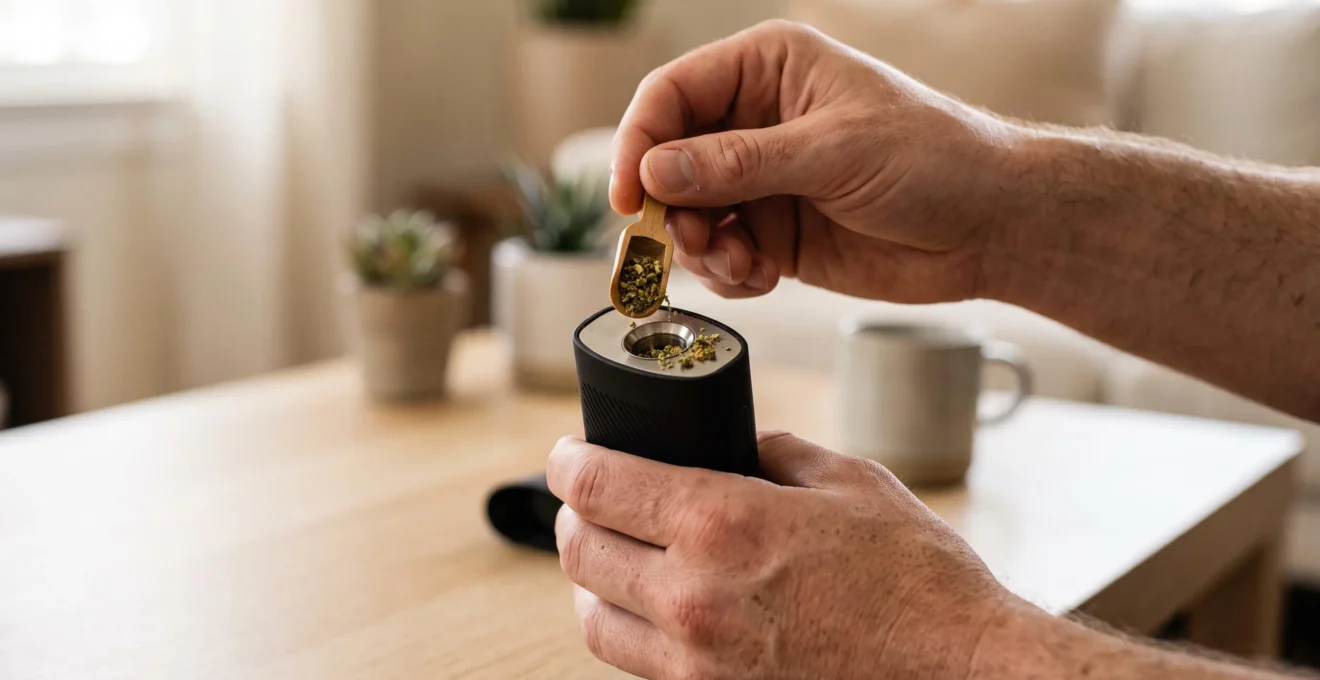Mains préparant un vaporisateur moderne en y plaçant de la fleur de CBD, dans un environnement intérieur épuré