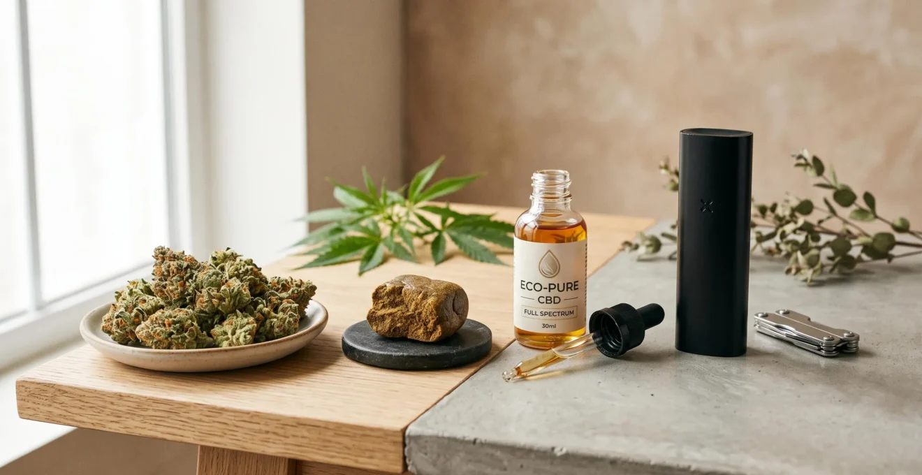 Composition de différents produits CBD : fleurs, résine, e-liquide et vaporisateur disposés sur une surface naturelle