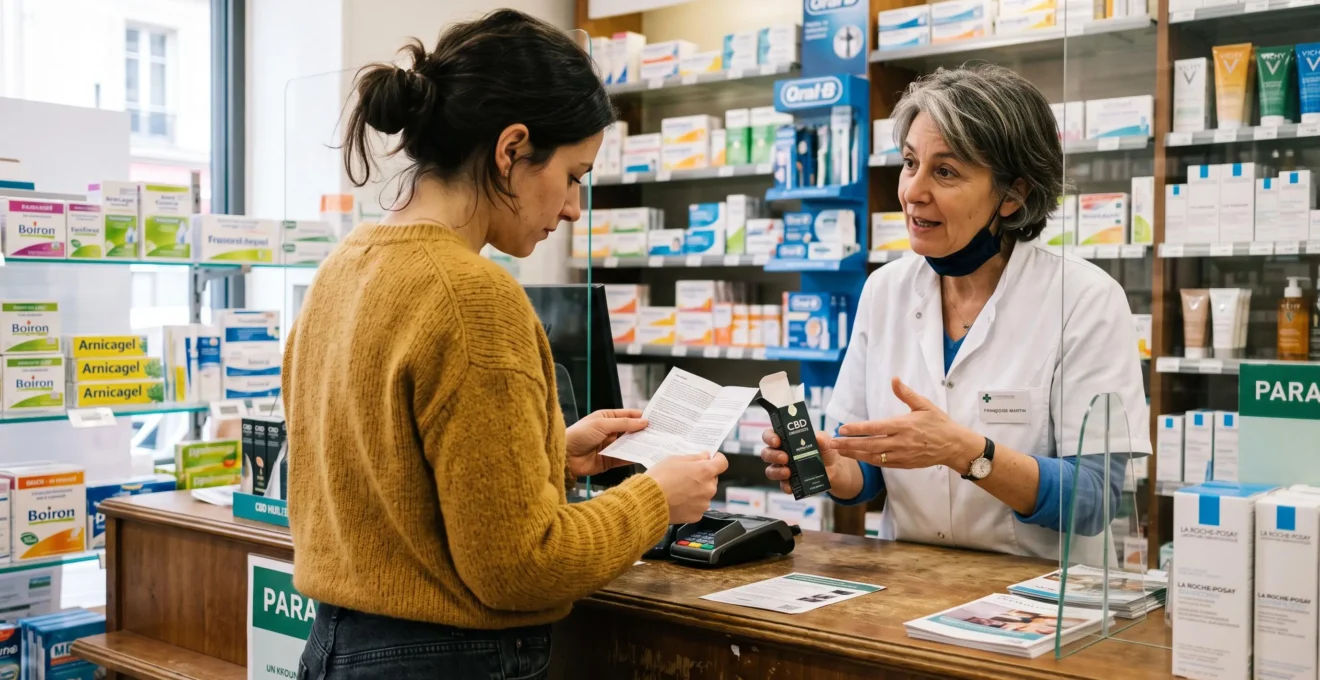Un client lit une notice en pharmacie accompagné par la pharmacienne.