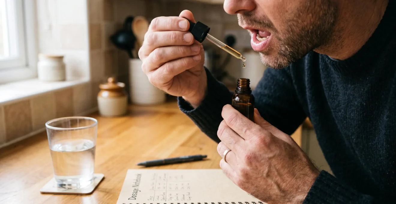 Un homme compte les gouttes d'huile CBD au-dessus de la cuisine.
